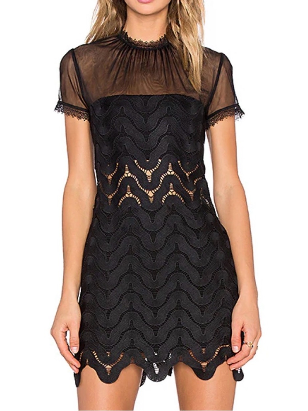 Self Portrait Evie Wave Lace Illusion Mini Dress Black US 8 Revolve Designer